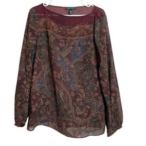 Lauren Ralph Lauren Womens Large Paisley Floral Blouse Sheer Burgundy Top Office